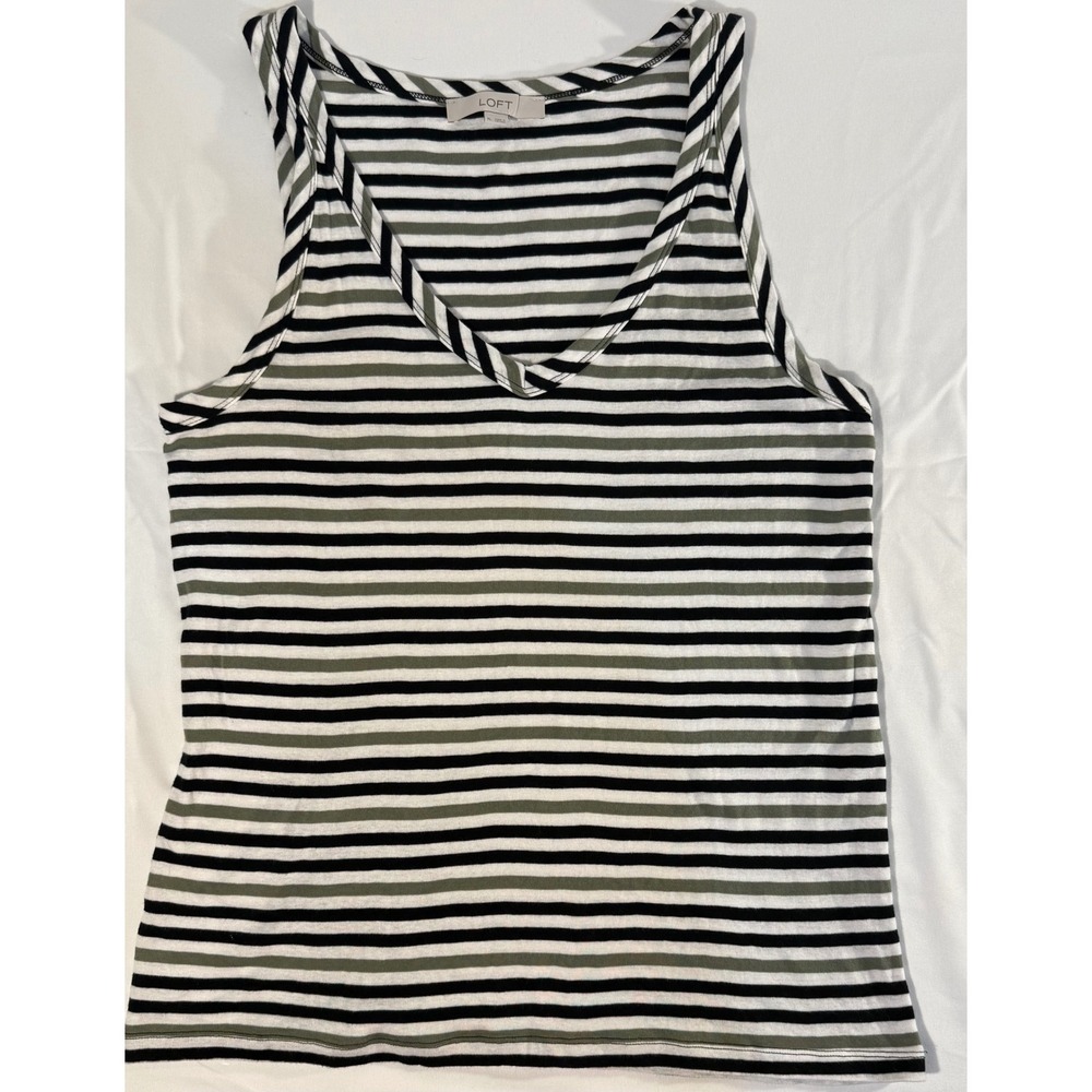 LOFT Womens XL Striped V-Neck Tank Top Black Olive Green White Sleeveless Knit